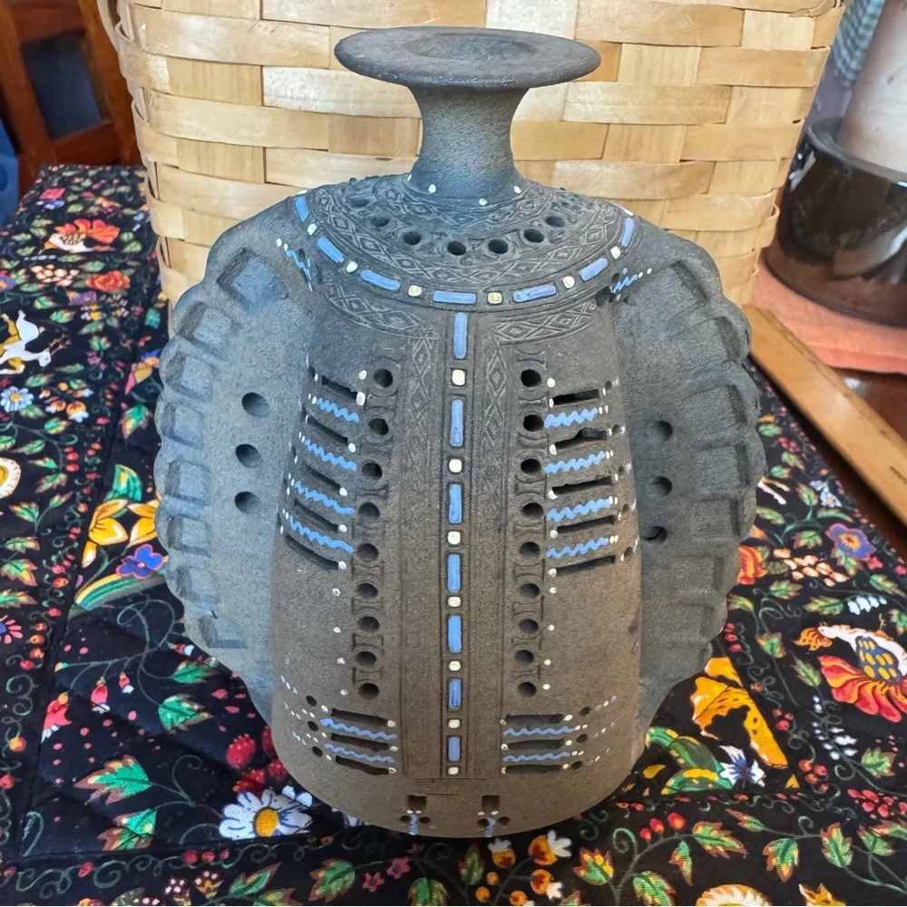 Vintage Art Studio Pottery Weed Pot Vase Perforated Holes Pinch Toledo Spain
